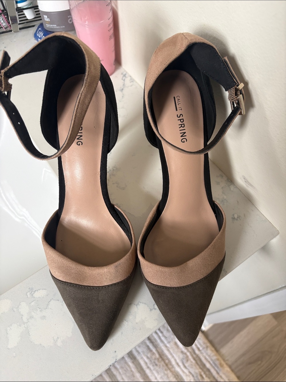 Call It Spring Two-Tone Pointed Ankle-Strap Heels in Brown and Beige